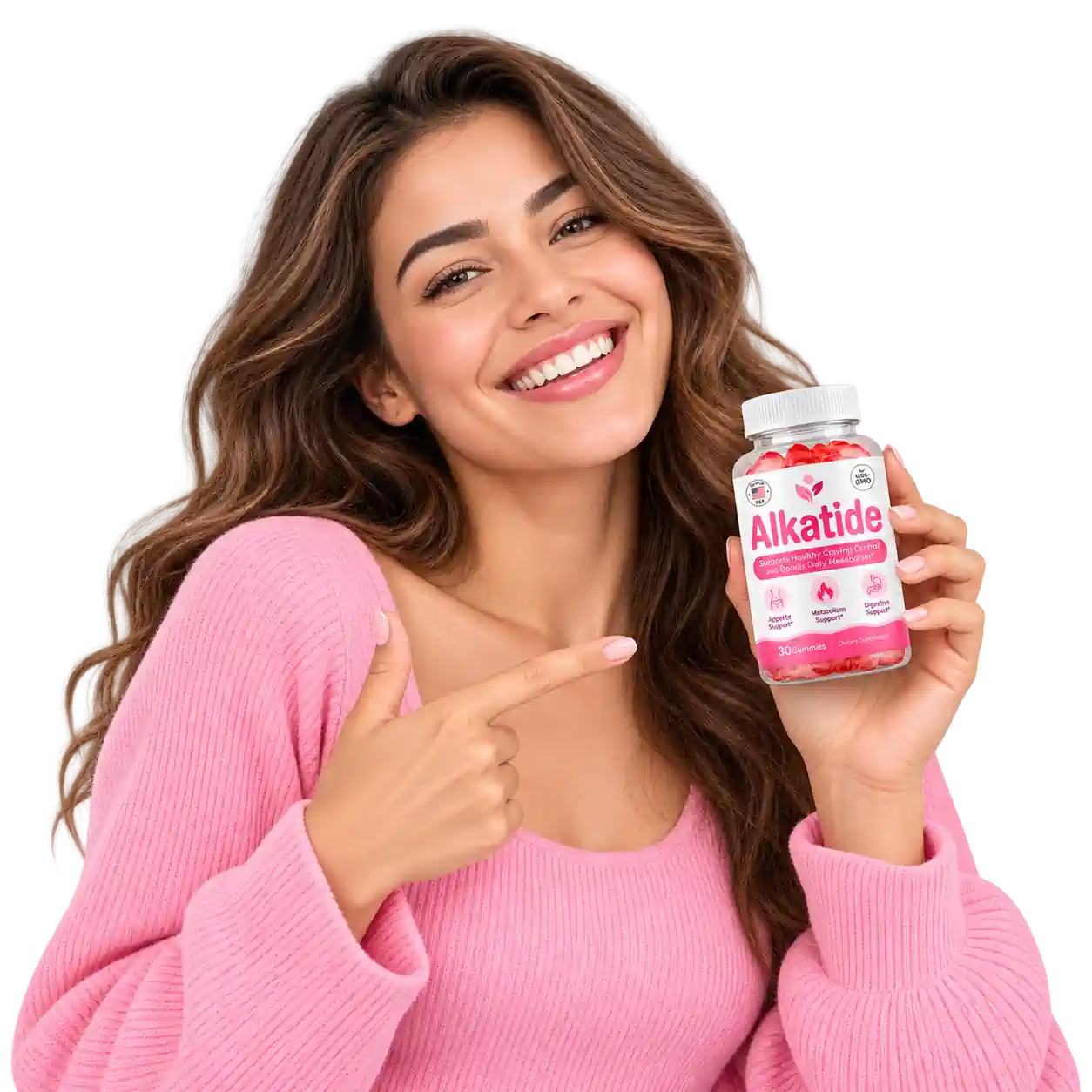 A woman holding a bottle of Alkatide gummies